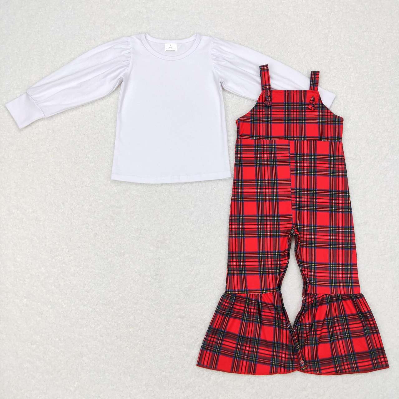GLP0926 Christmas White Long Sleeve Tee Shirts Red Green Plaid Jumpsuits Girls Clothes Sets