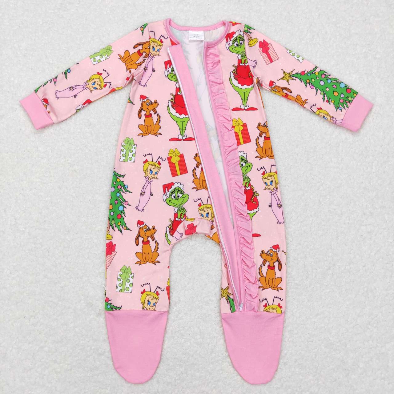 LR0806 Pink Christmas Frog Print Baby Girls Sleeper Zipper Footed Romper