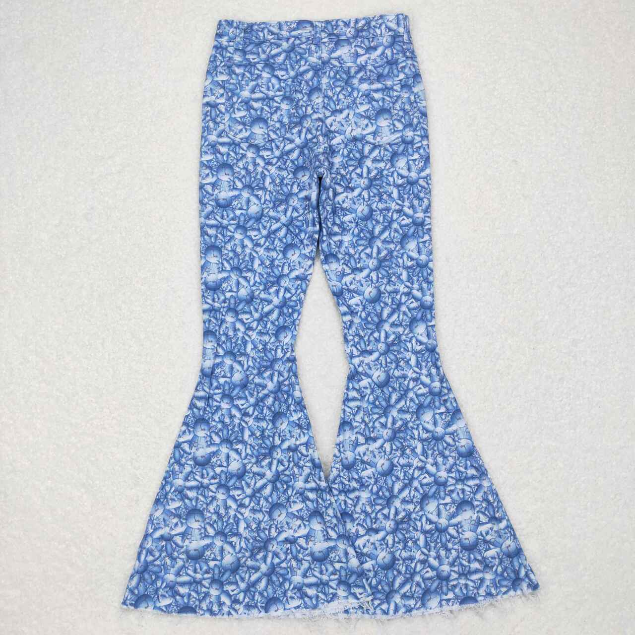 P0297 Adult Blue Flowers Print Denim Bell Bottom Jeans