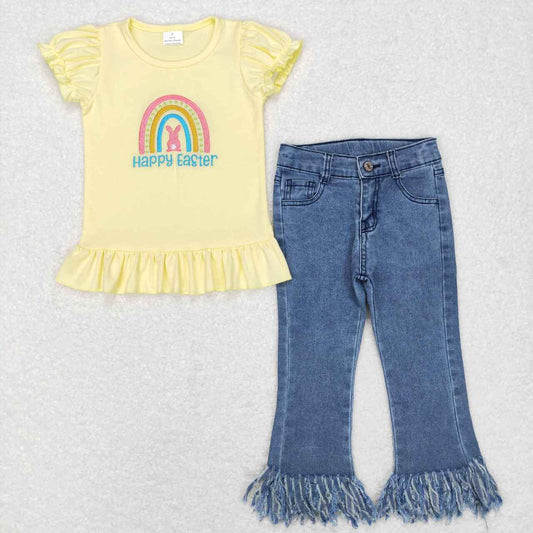GSPO1136 Happy Easter Rainbow Bunny Embroidery Yellow Top Blue Denim Tassels Jeans Girls Clothes Set