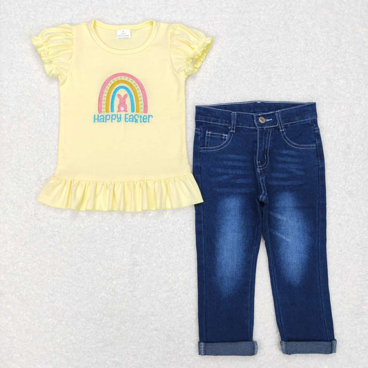 GSPO1137 Happy Easter Rainbow Bunny Embroidery Yellow Top Denim Jeans Girls Clothes Set