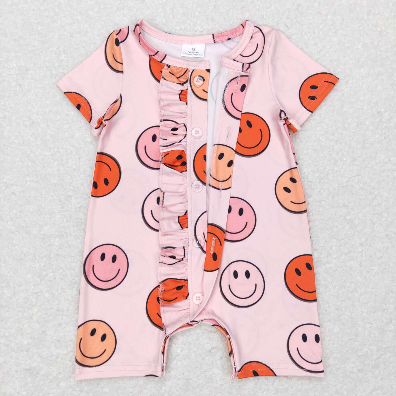 SR0524 Pink Smiling Face Print Baby Girls Buttons Romper