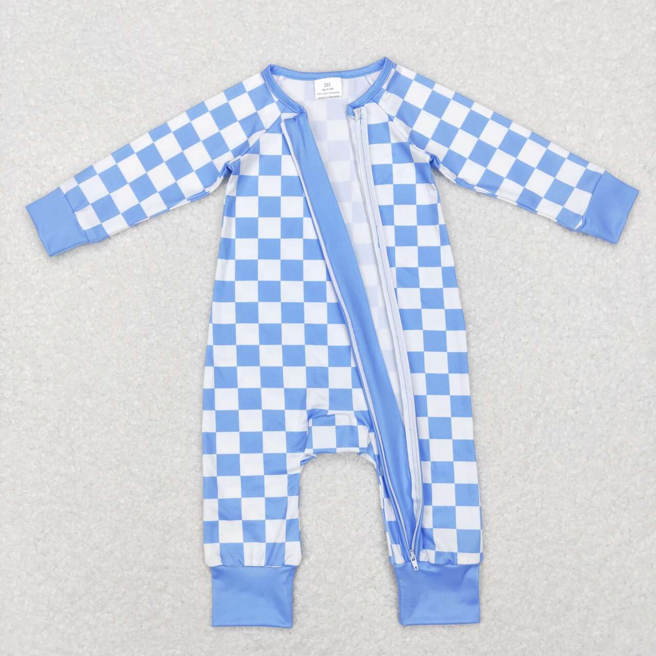 LR0811 Blue Plaid Print Baby Kids Sleeper Zipper Romper