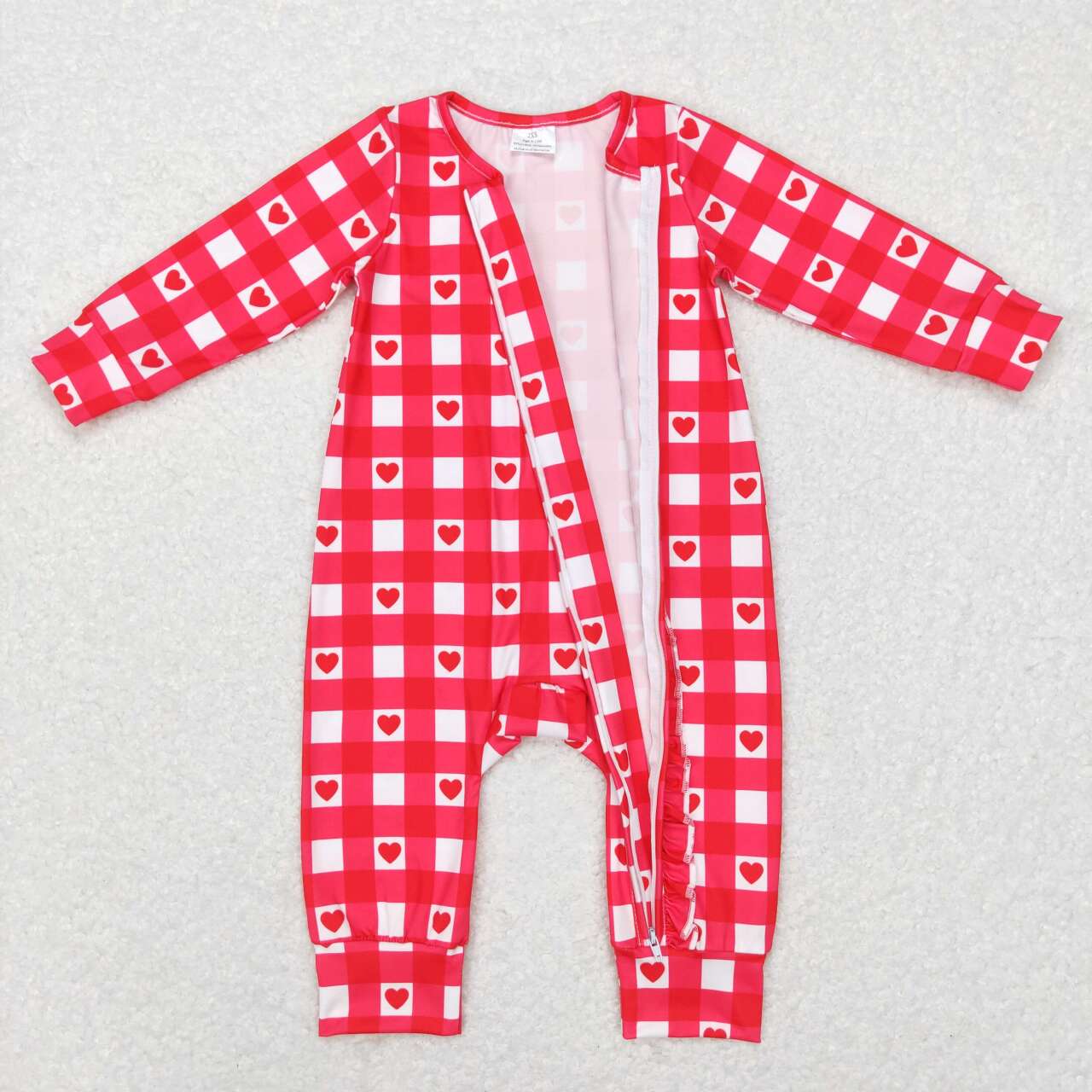 LR0832 Red Plaid Heart Print Baby Girls Valentine's Zipper Romper