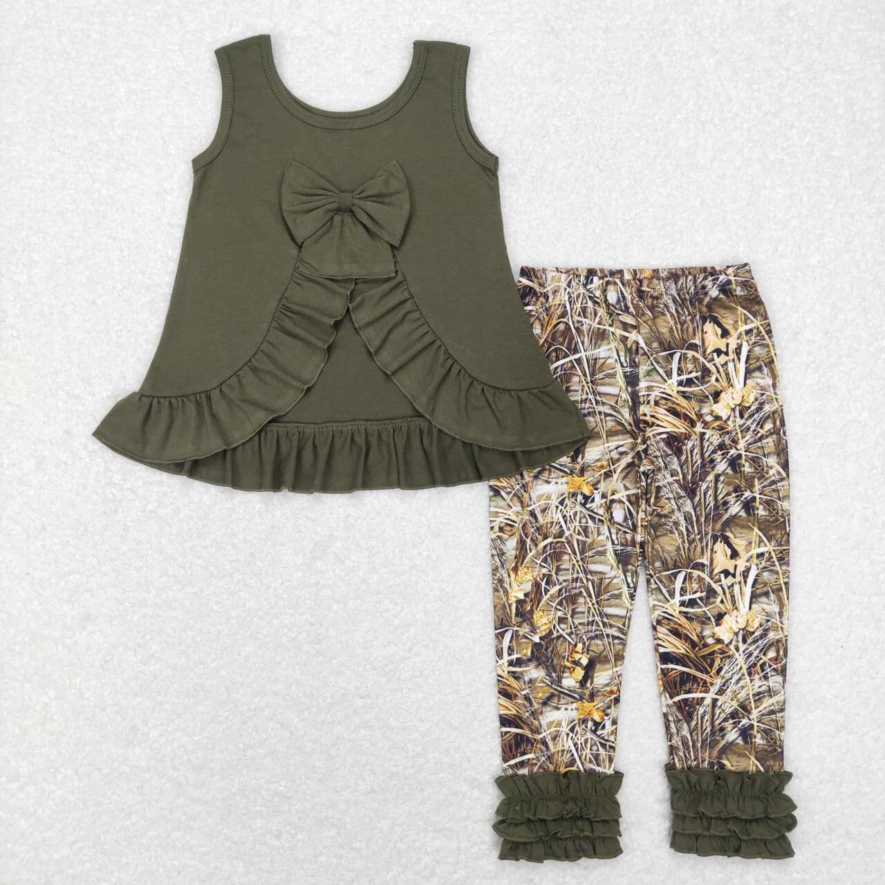 GSPO1089 Sleeveless Bow Top Camo Icing Ruffle Legging Pants Girls Clothes Set