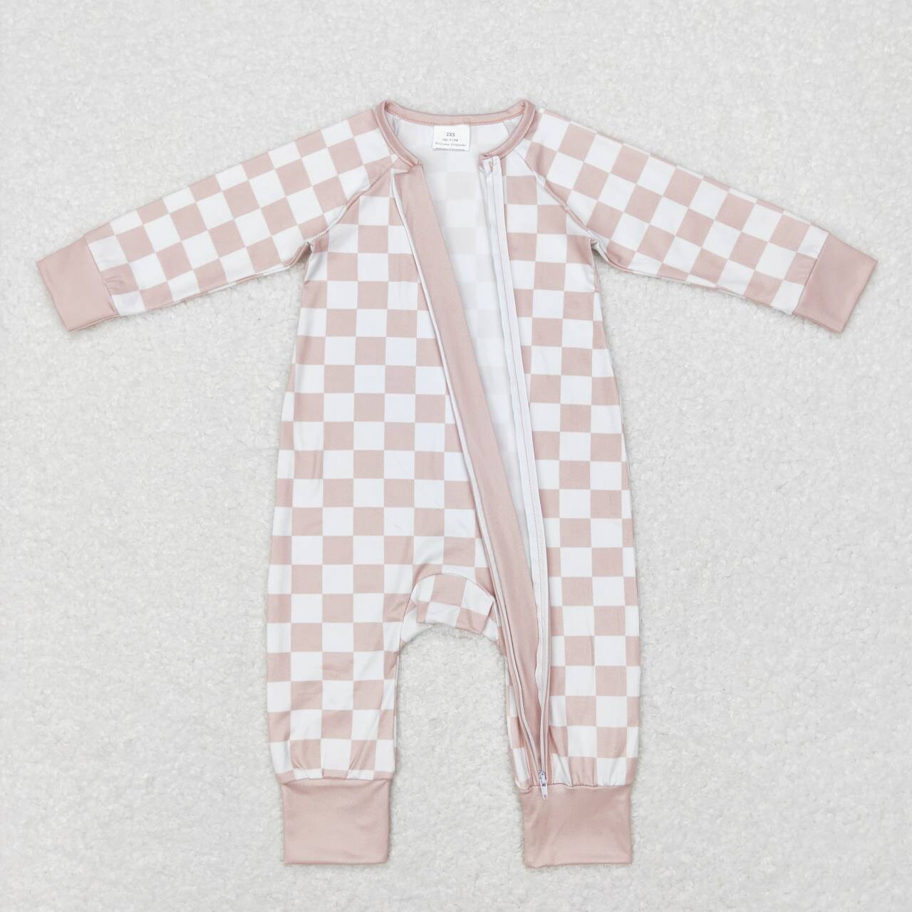 LR0809 Khaki Plaid Print Baby Kids Sleeper Zipper Romper