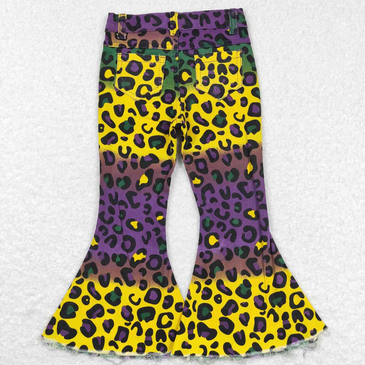 P0314 Colorful Leopard Denim Girls Bell Bottom Jeans Mardi Gras Pants