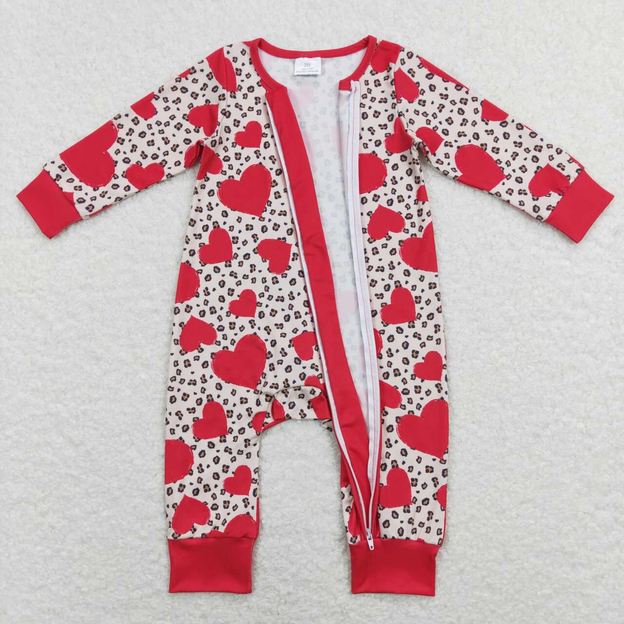 LR0775  Red Heart Leopard Print Baby Girls Valentine's Day Zipper Romper