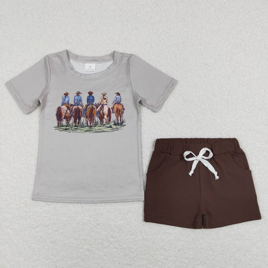 BSSO0500 Cowboys Grey Top Brown Shorts Boys Summer Clothes Set