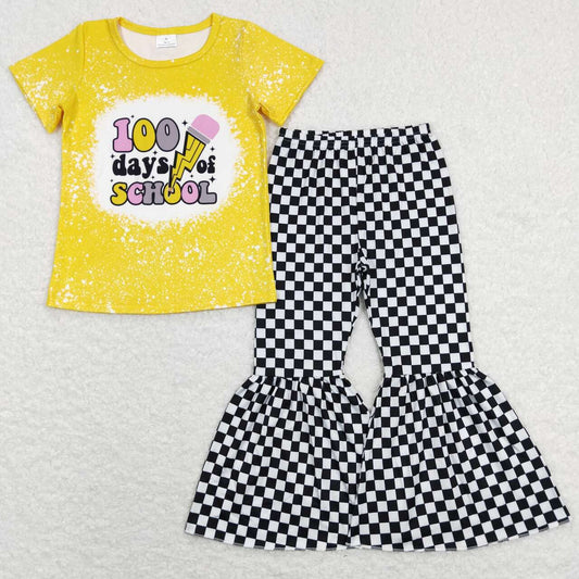 GSPO1256 Pencil 100 Days Of School Yellow Top Black Plaid Bell Pants Girls Clothes Set