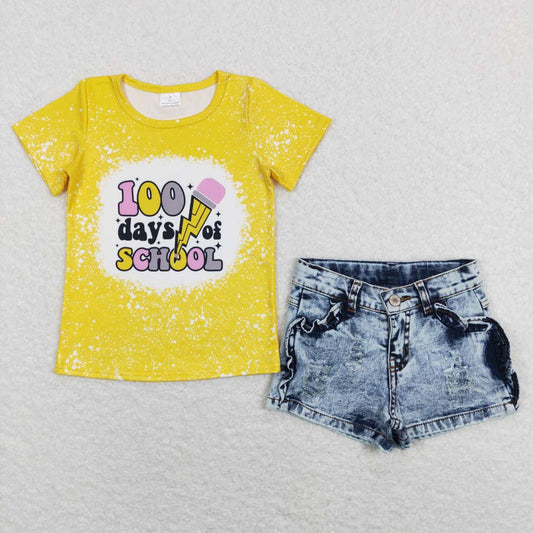 GSSO0524 Pencil 100 Days Of School Yellow Top Denim Shorts Summer Girls Clothes Set