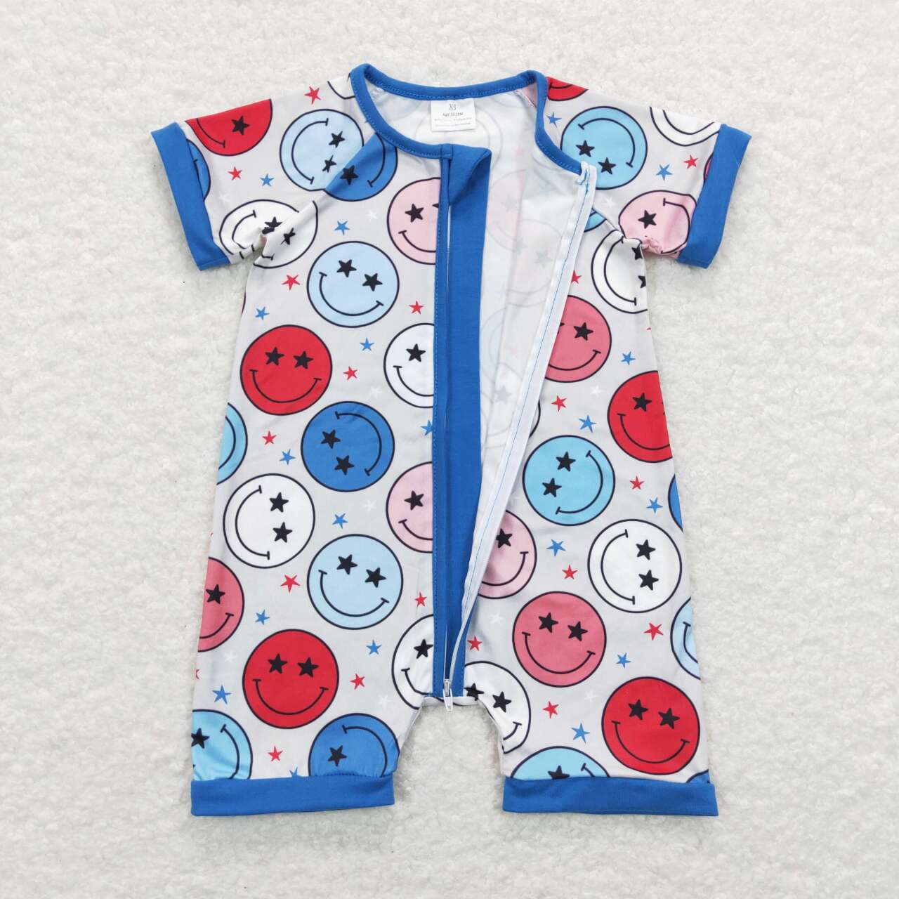 SR0692 Smiling Face Print Baby Kids 4th of July Zipper Romper