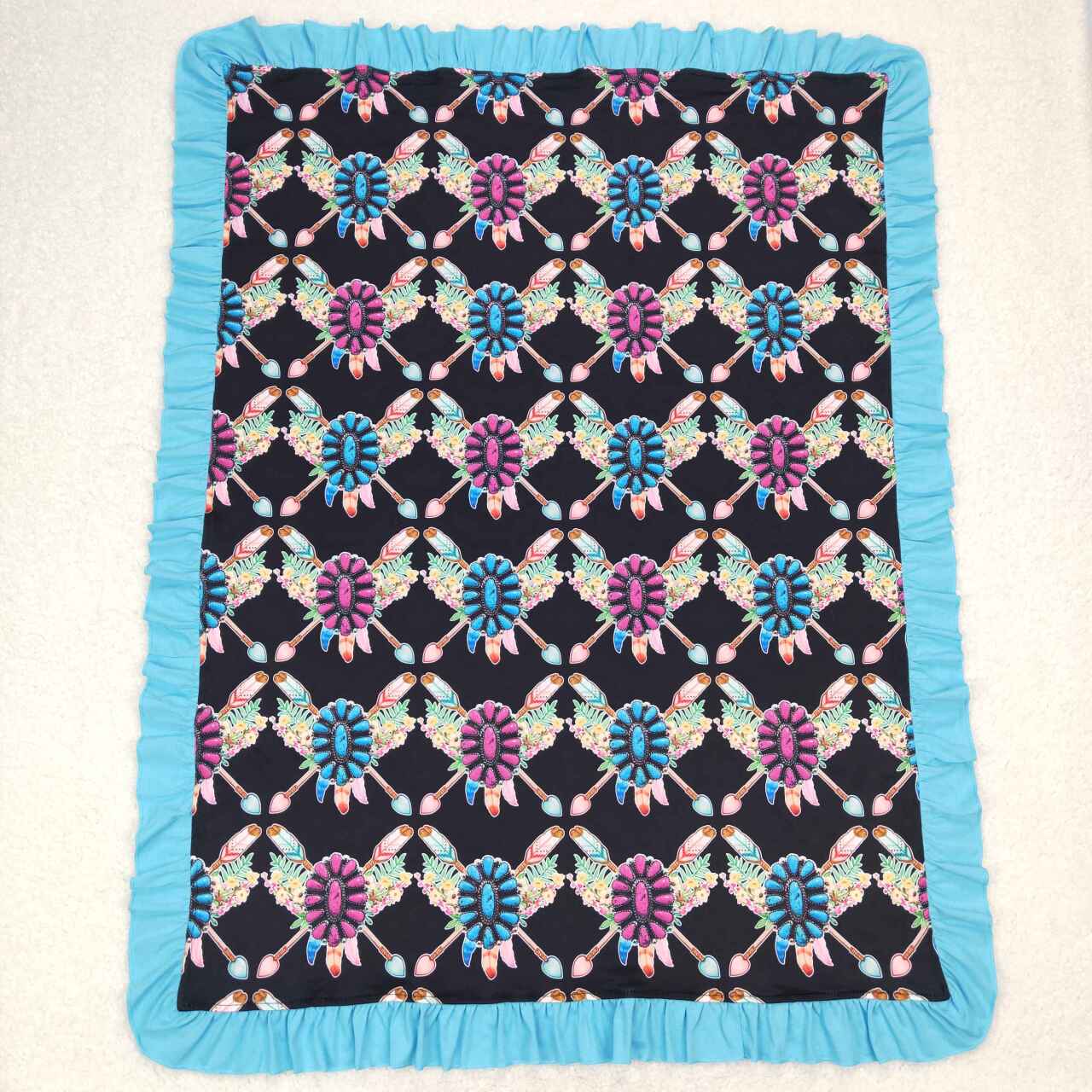 BL0052 Flowers Turquoise Print Western Baby Girls Blanket