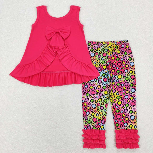 GSPO1097 Bow Top Colorful Leopard Legging Pants Girls Clothes Set