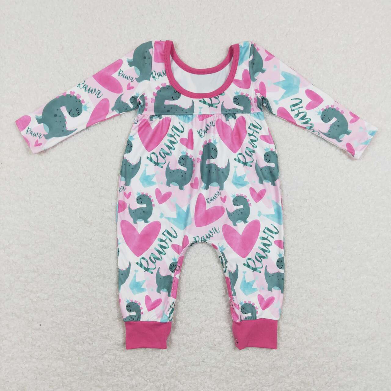 LR0877 Dino Heart Print Baby Girls Valentine's Romper