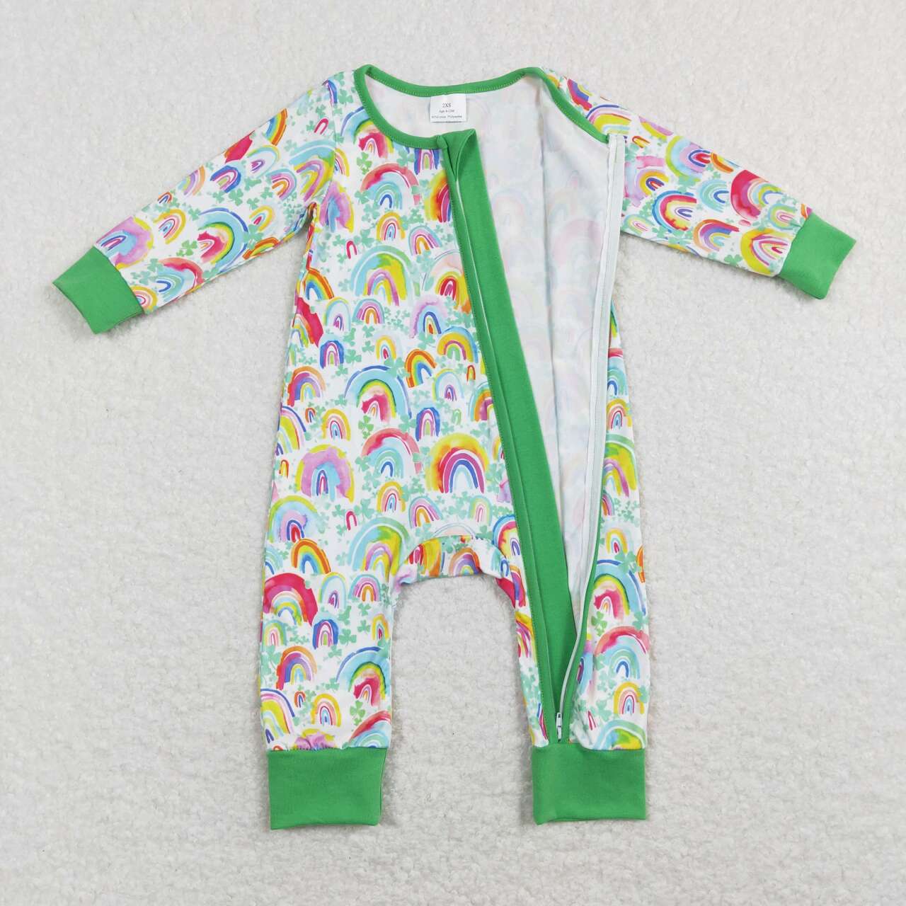 LR0883 Green Quatrefoil Rainbow Print Baby Girls St. Patrick's Zipper Romper