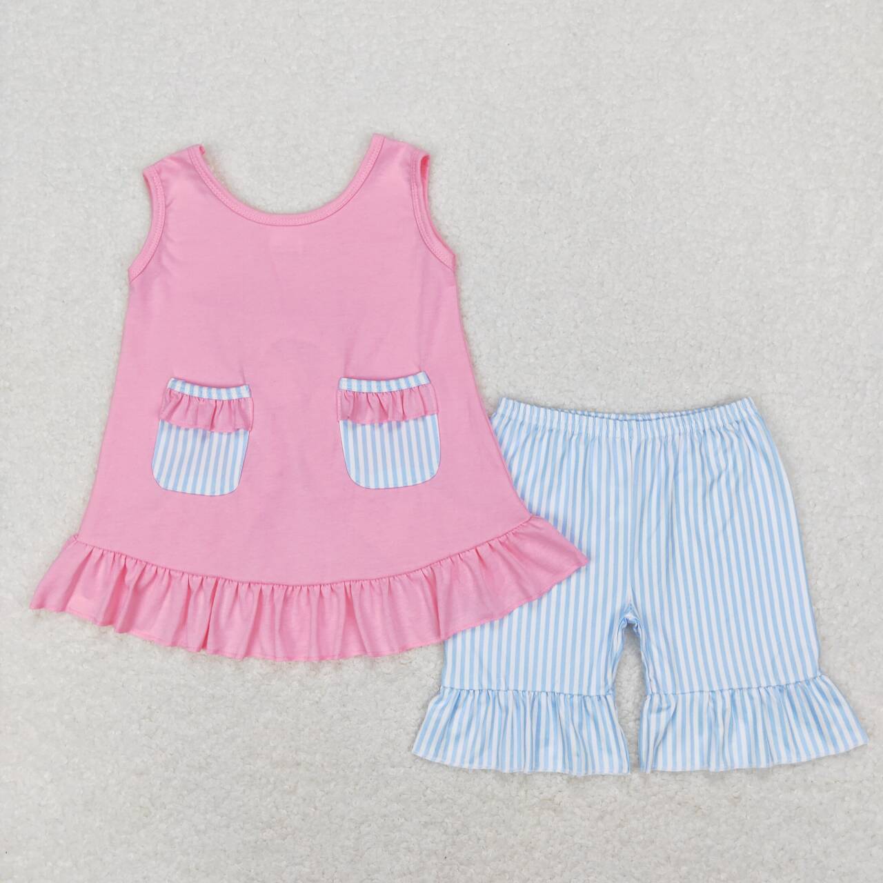 GSSO0438  Pink Bow Top Blue Stripes Shorts Girls Summer Clothes Set