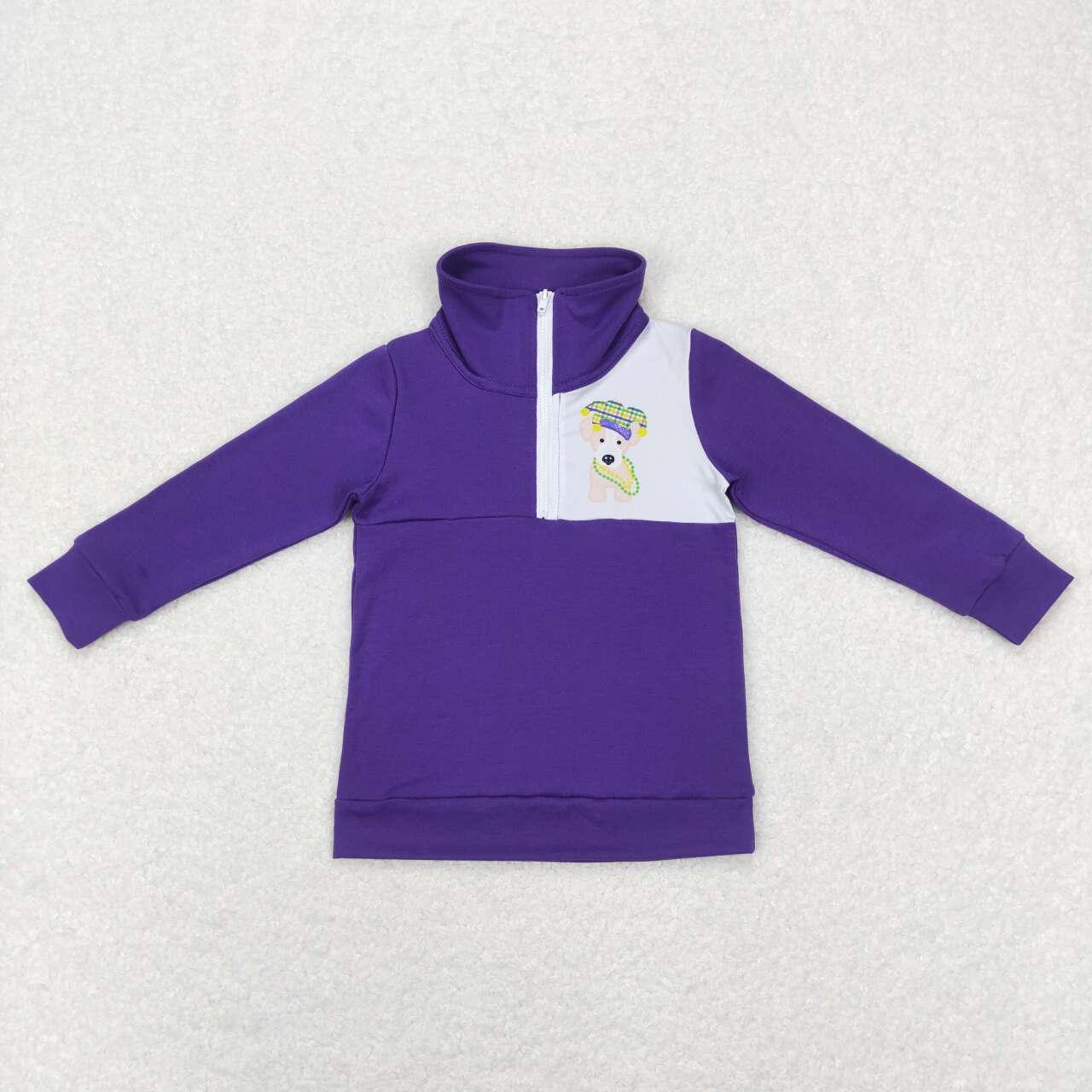 BT0492 Purple Mardi Gras Dog Print Boys Pullover Zipper Tee Shirt Top