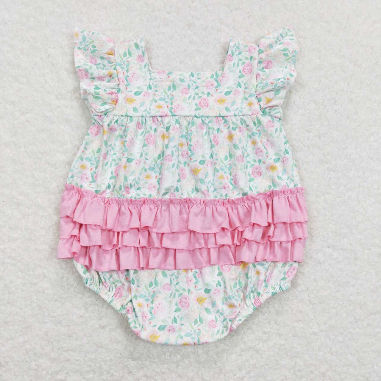 SR0805 Pink Flowers Print Baby Girls Bubble Romper