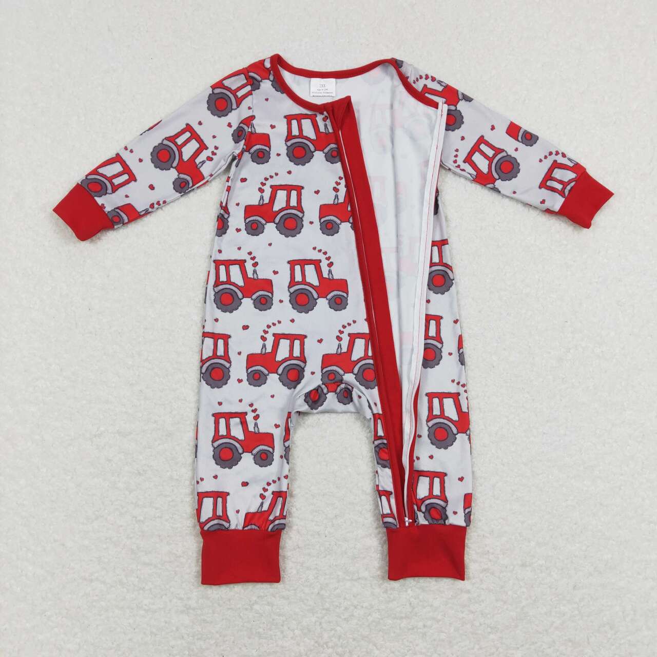 LR0887 Tractors Heart Grey Print Baby Boys Valentine's Sleeper Zipper Romper