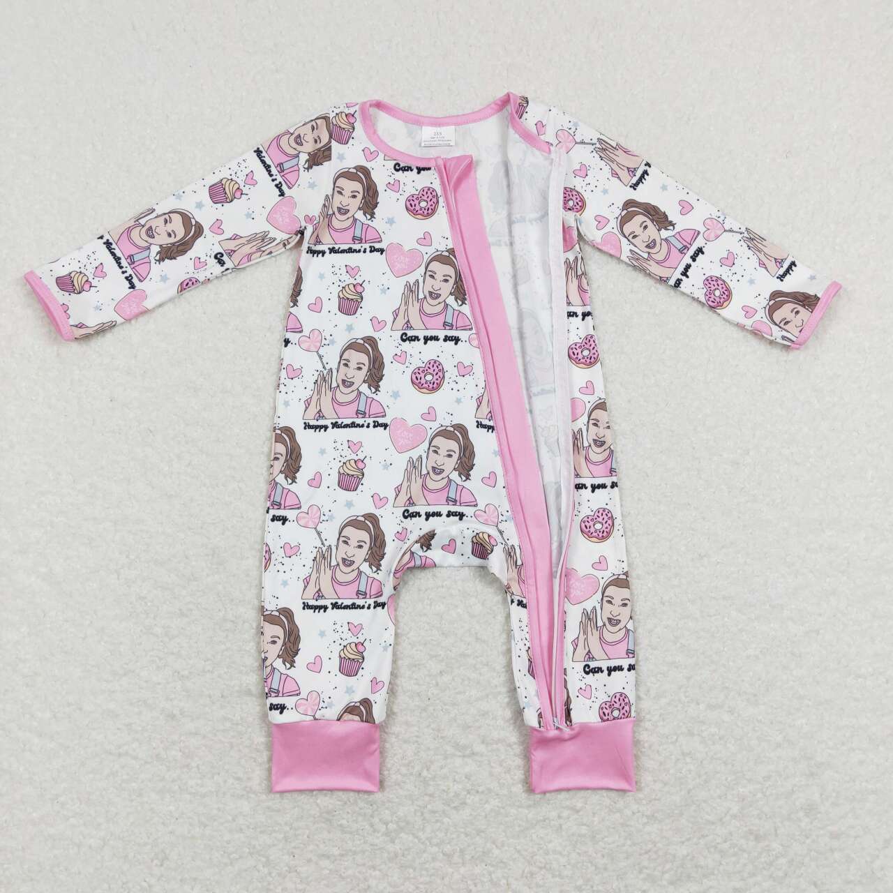 LR0906  Cartoon Teacher Pink Print Baby Girls Valentine's Zipper Romper