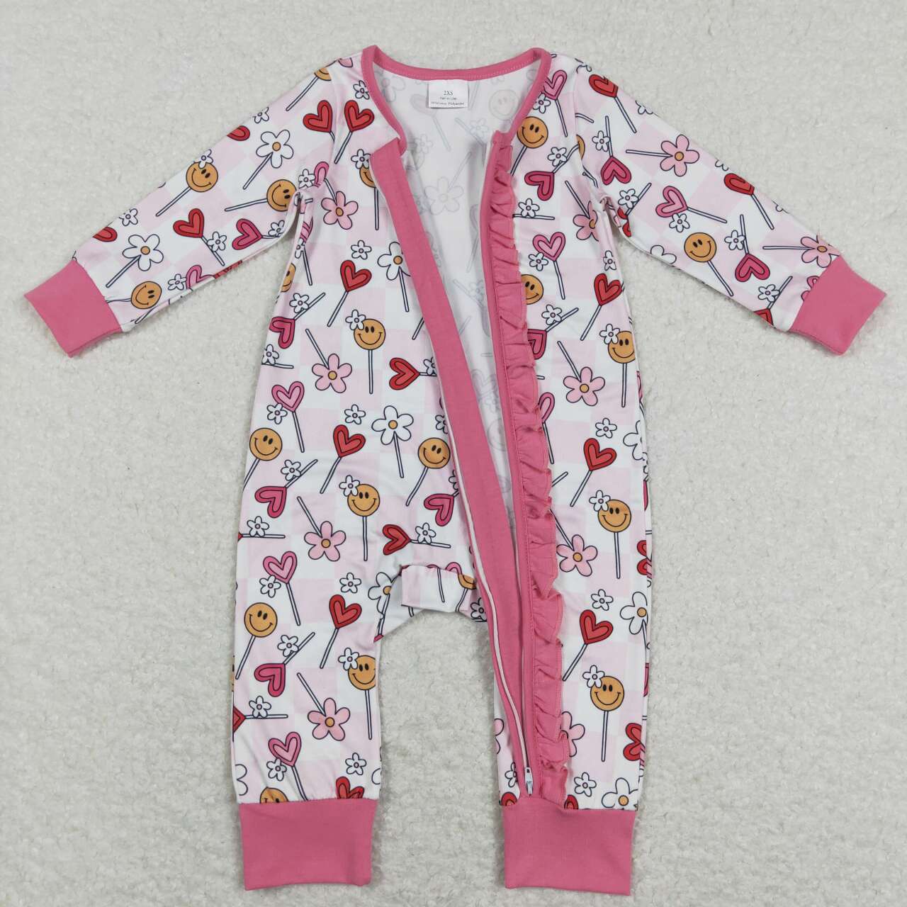 LR0884 Heart Flowers Smiling Lollipop Print Baby Girls Valentine's Sleeper Zipper Romper