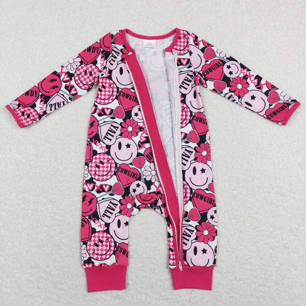 LR0896  Pink Heart Smiling Face XOXO Print Baby Girls Zipper Romper