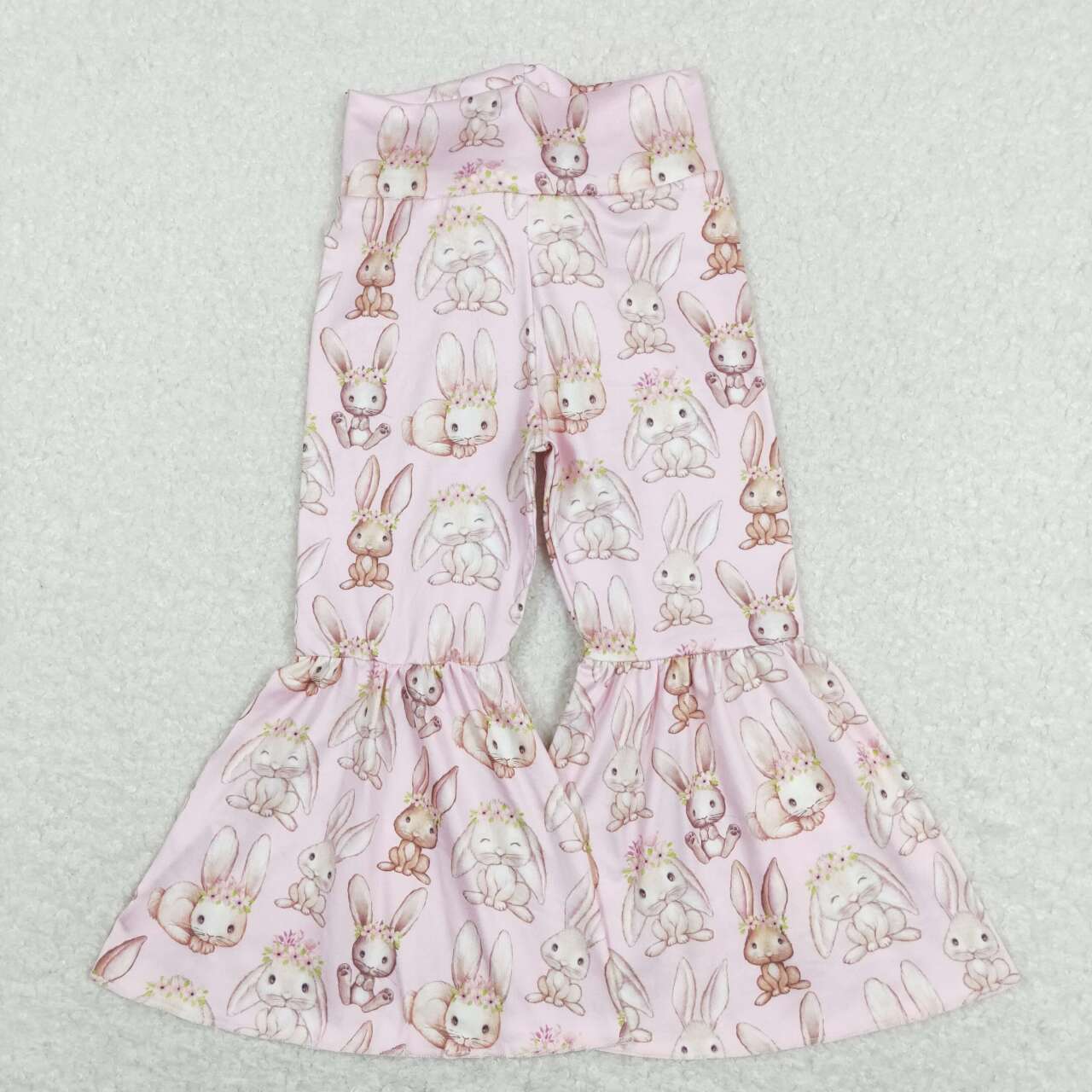 GSPO1347 Cute Pink Flowers Bunny Top Tail Bell Pants Girls Easter Clothes Set