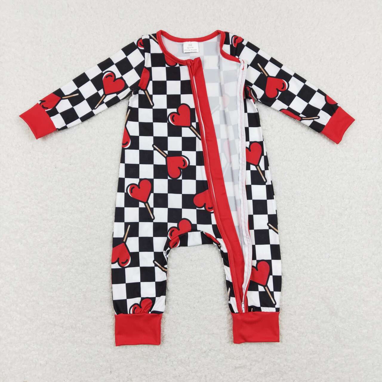 LR0856  Black Plaid Heart Print Baby Kids Valentine's Zipper Romper