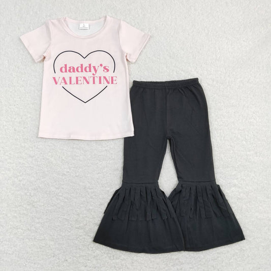 GSPO1396 Heart Daddy's Valentine Top Black Tassel Bell Pants Girls Clothes Set