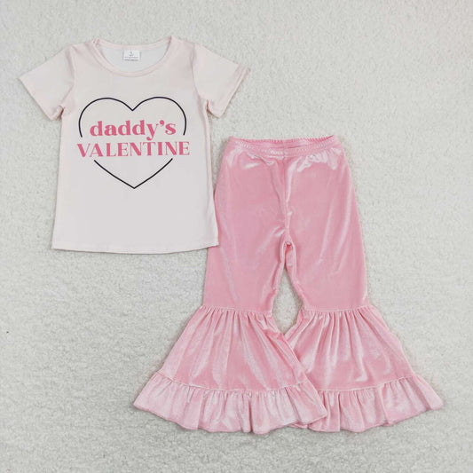GSPO1397 Heart Daddy's Valentine Top Pink Velvet Bell Pants Girls Clothes Set