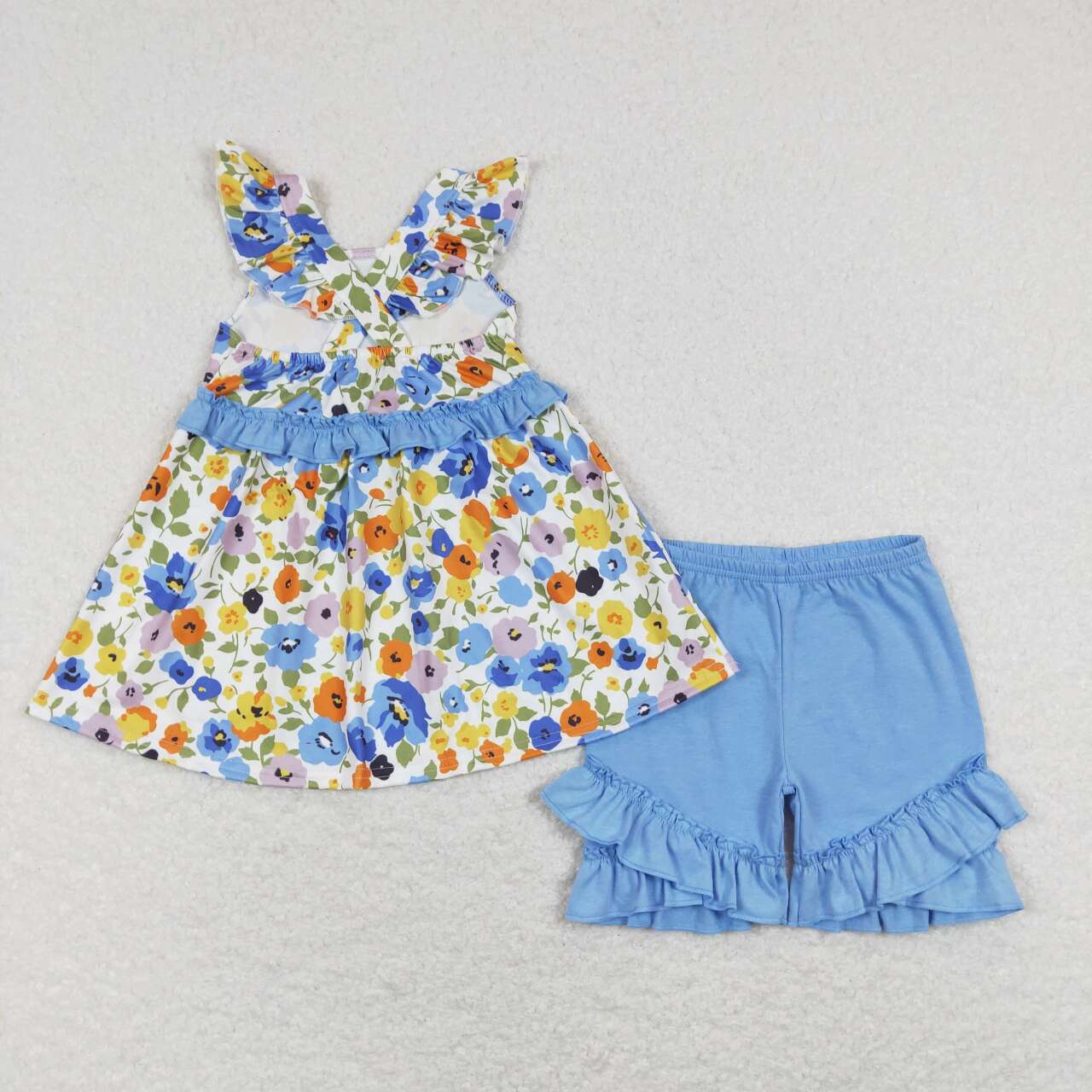 GSSO0494  Blue Flowers Print Girls Summer Clothes Set