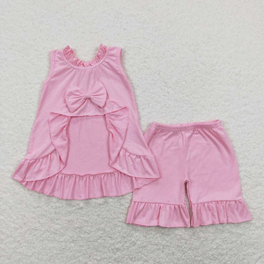 GSSO0518 Pink Backless Bow Top Ruffle Shorts Girls Summer Clothes Set