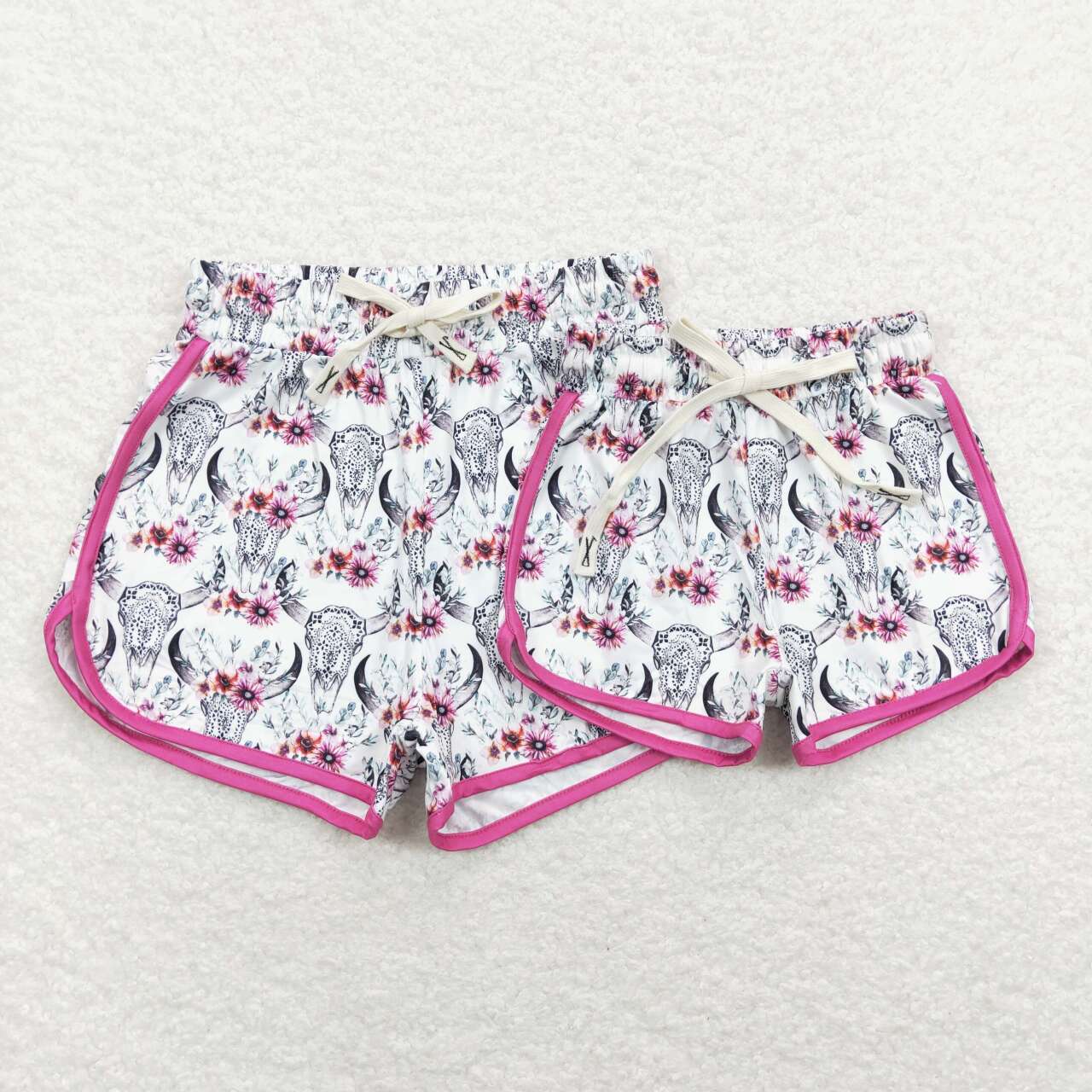 SS0127 Adult Flowers Cowskull Print Summer Western Woman Shorts