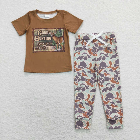 BSPO0343 Gone Hunting Back Soon To Go Fishing Top Camo Pants Boys Clothes Set