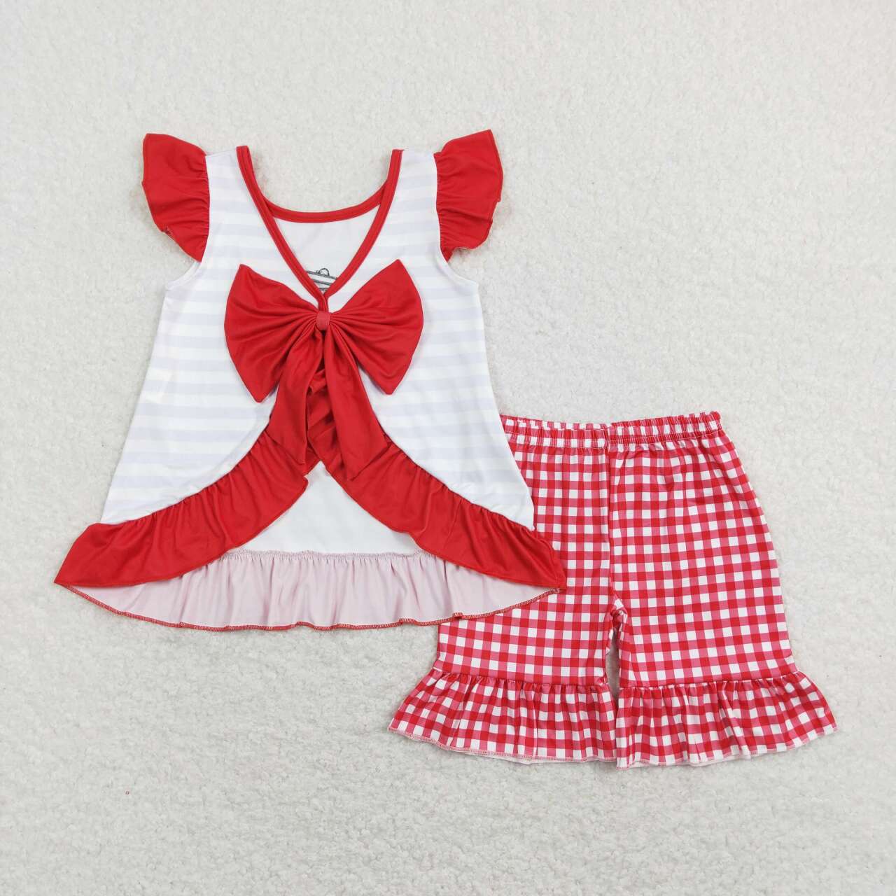 GSSO0455 Crayfish Corn Bow Embroidery Top Red Plaid Shorts Girls Clothes Set