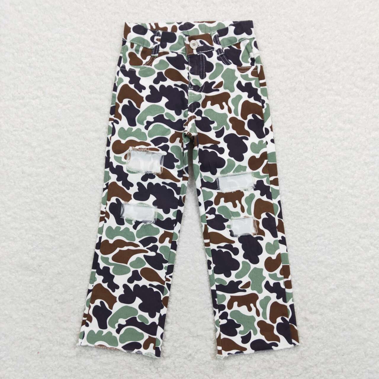 P0413 Green Camo Denim Hole Jeans Kids Pants