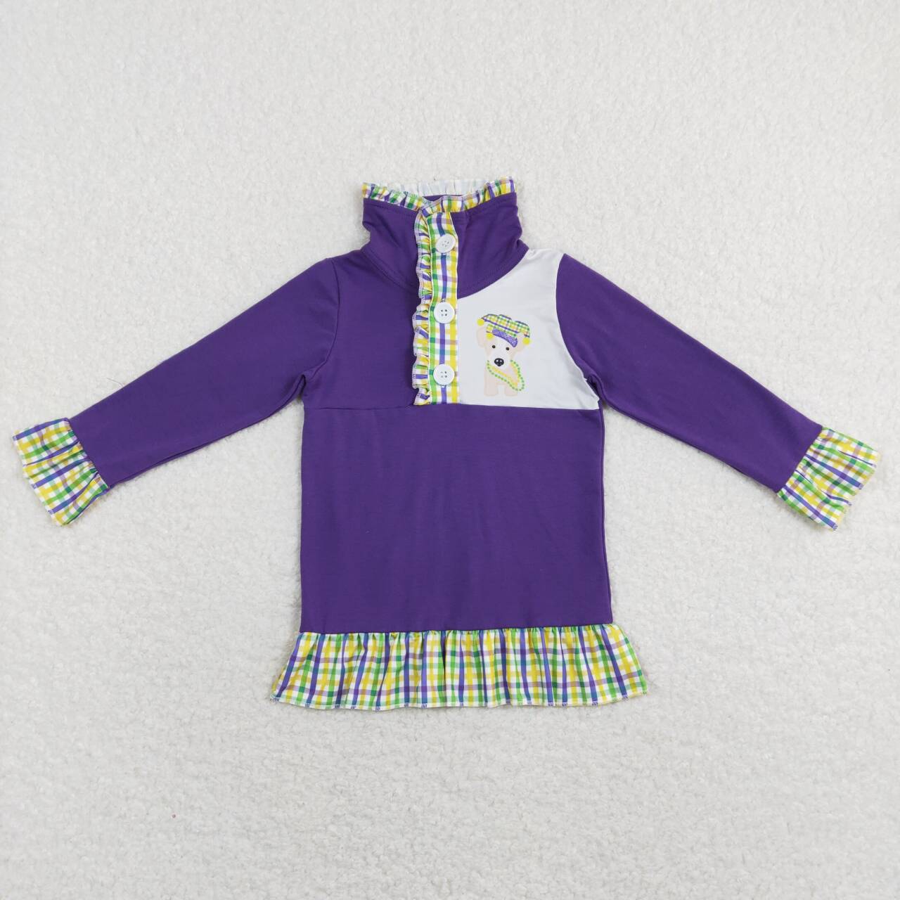 GT0412 Purple Mardi Gras Dog Print Girls Pullover Zipper Tee Shirt Top