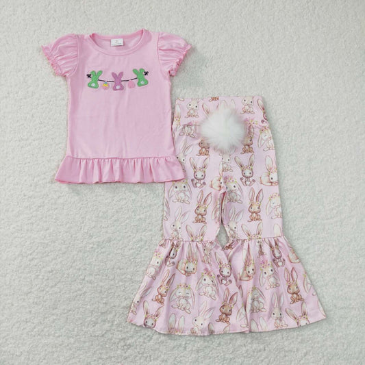 GSPO1346 Pink Bunny Eggs Embroidery Top Tail Bell Pants Girls Easter Clothes Set