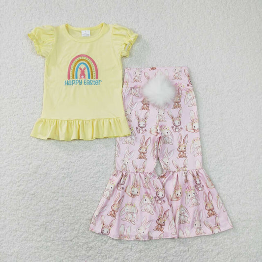 GSPO1345 Happy Easter Yellow Rainbow Bunny Embroidery Top Tail Bell Pants Girls Easter Clothes Set