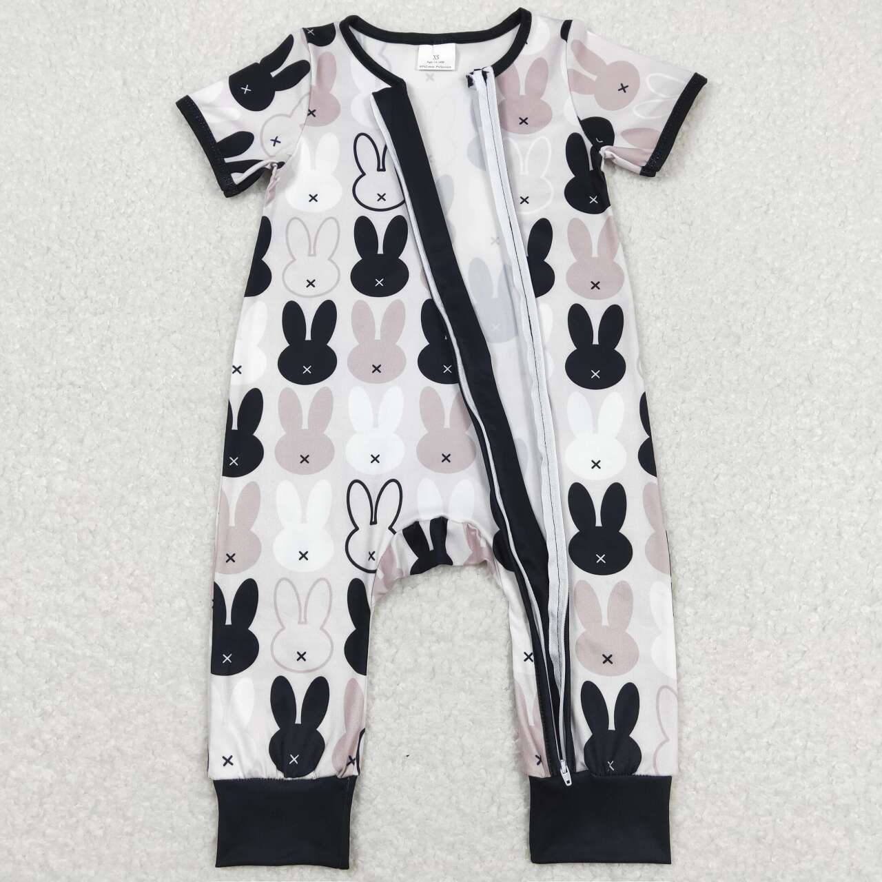 SR1012 Black Grey Bunny Print Baby Boys Easter Zipper Romper