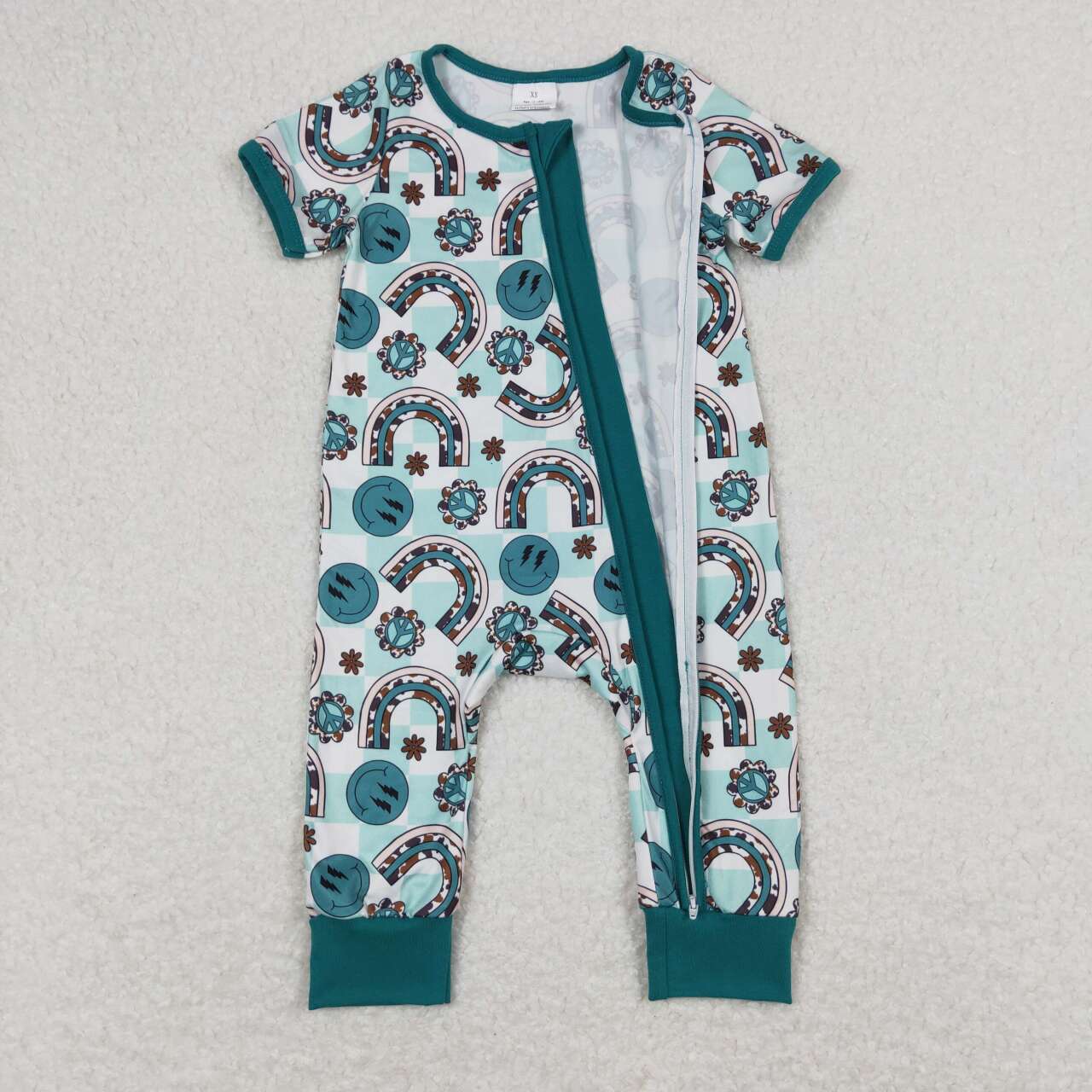 SR1021 Green Smiling Face Rainbow Print Baby Girls Summer Zipper Romper