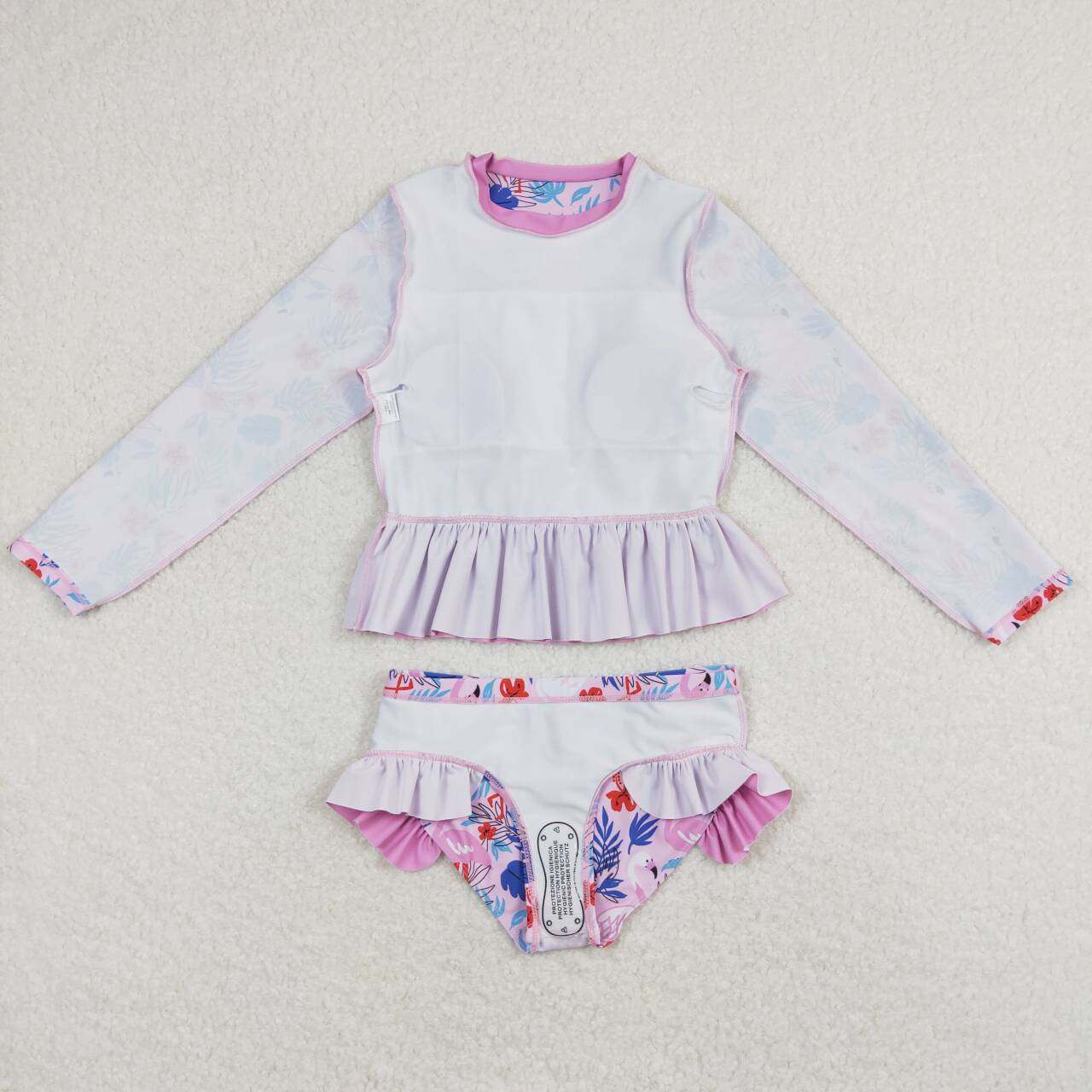 S0263 Pink Flamingo Print Girls 2 Pieces Long Sleeve Swimsuits