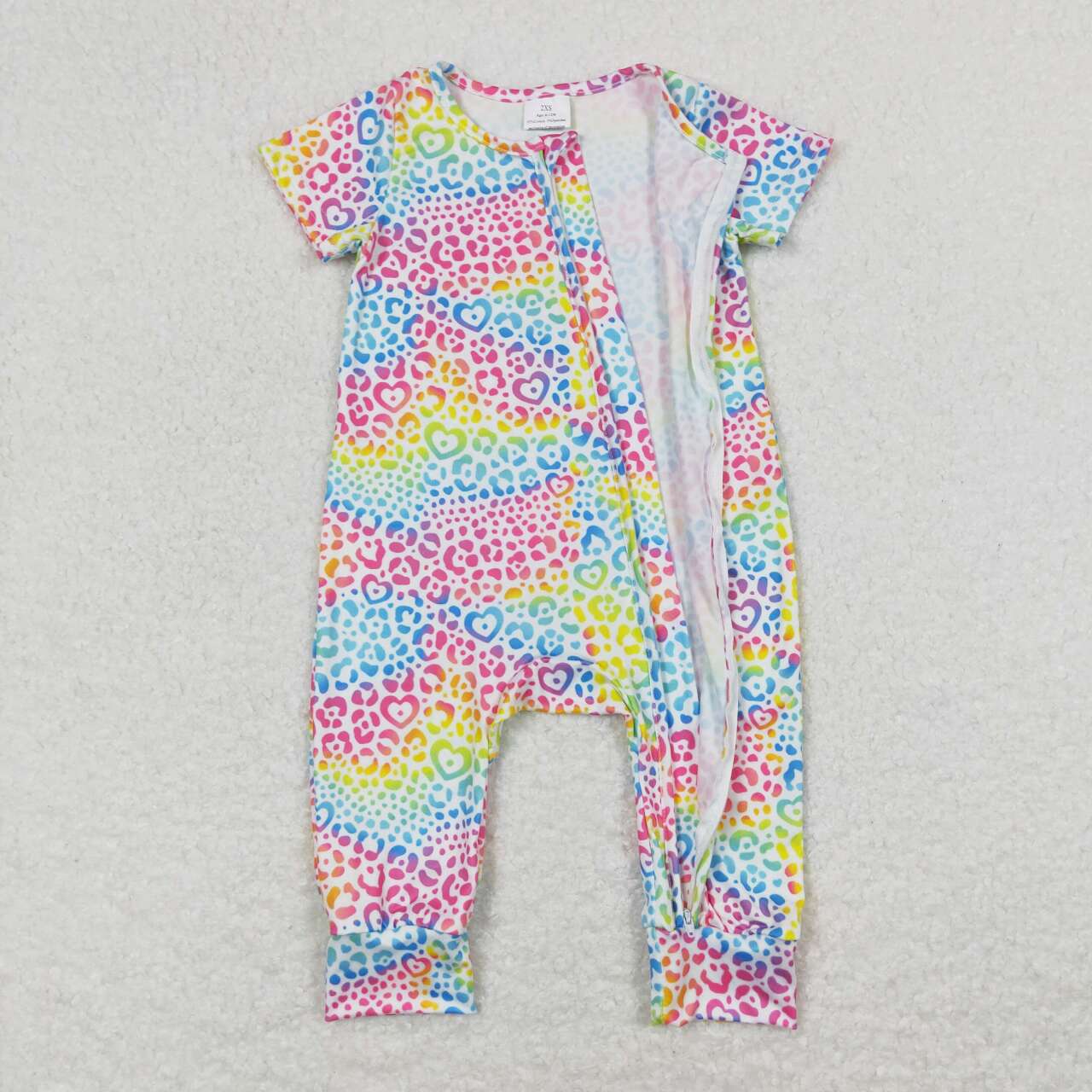 SR0977 Colorful Leopard Hearts Print Baby Girls Summer Zipper Romper