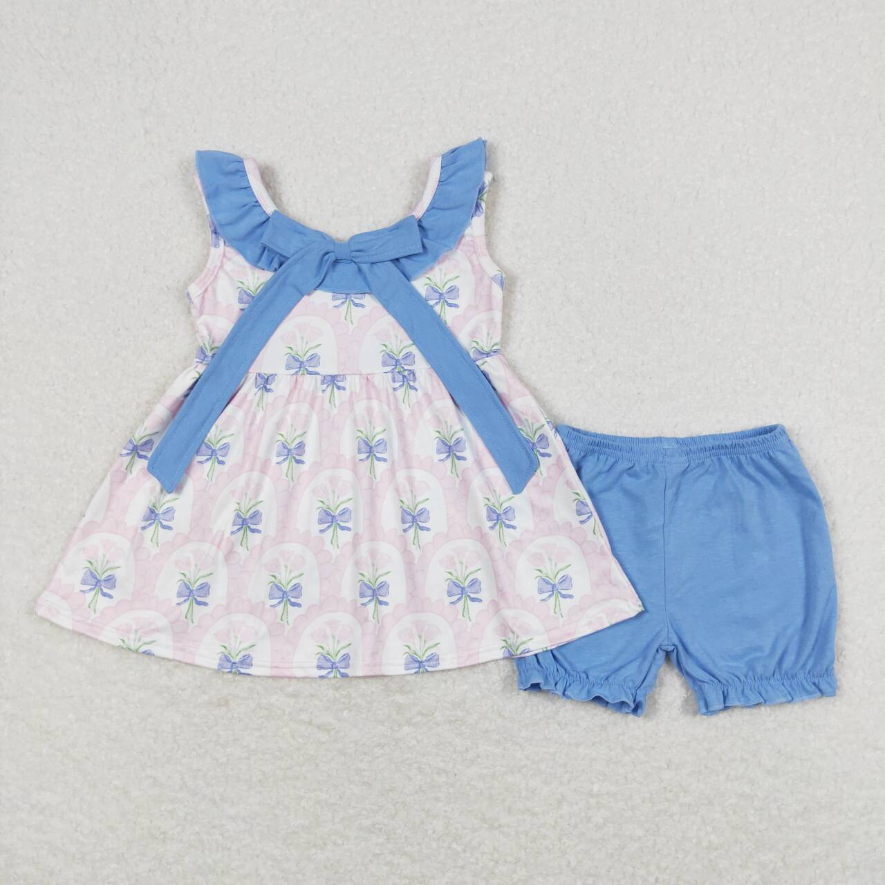 GSSO0723  Pink Flowers Bows Tunic Top Blue Shorts Girls Summer Clothes Set