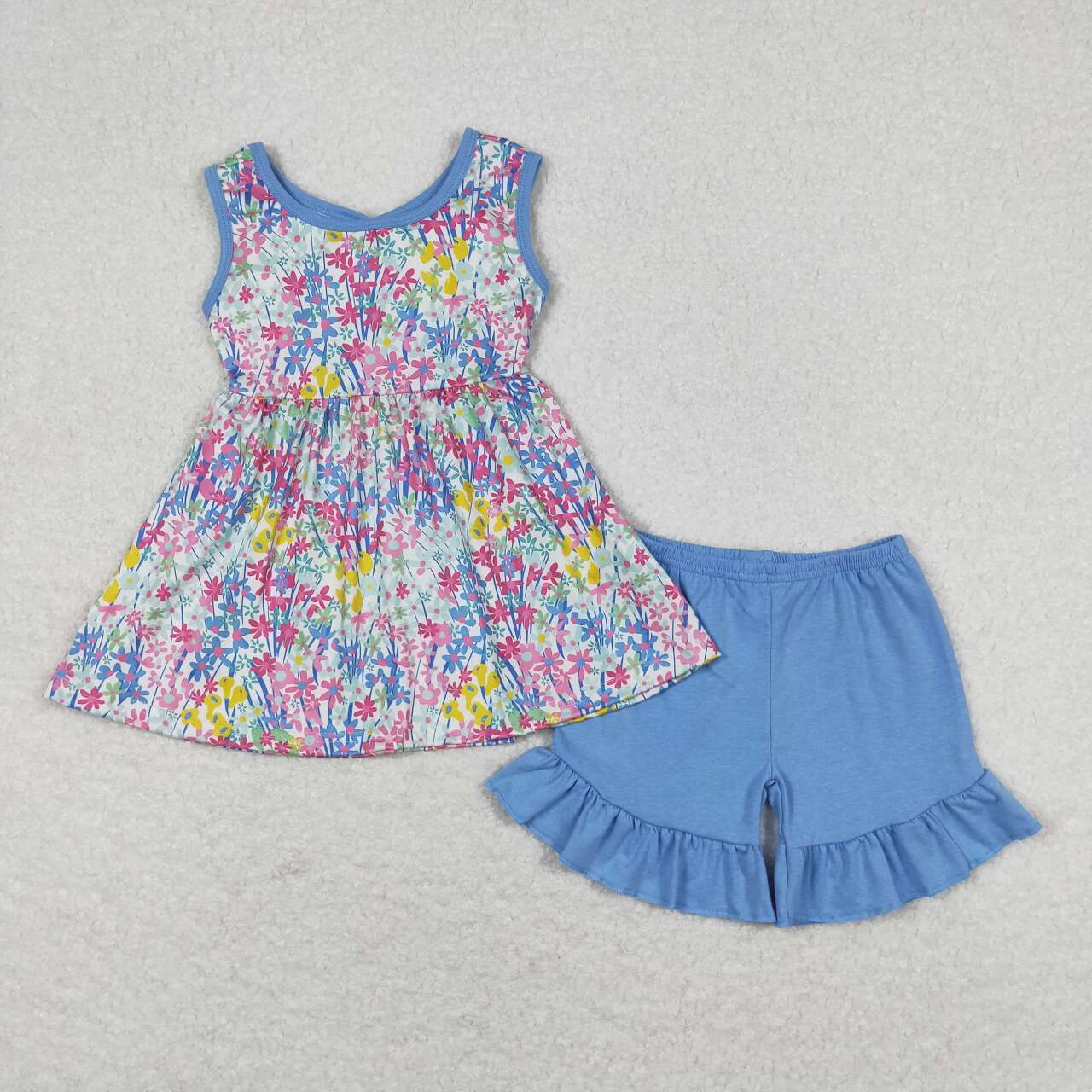 GSSO0547 Flowers Backless Bows Tunic Top Blue Shorts Girls Summer Clothes Set