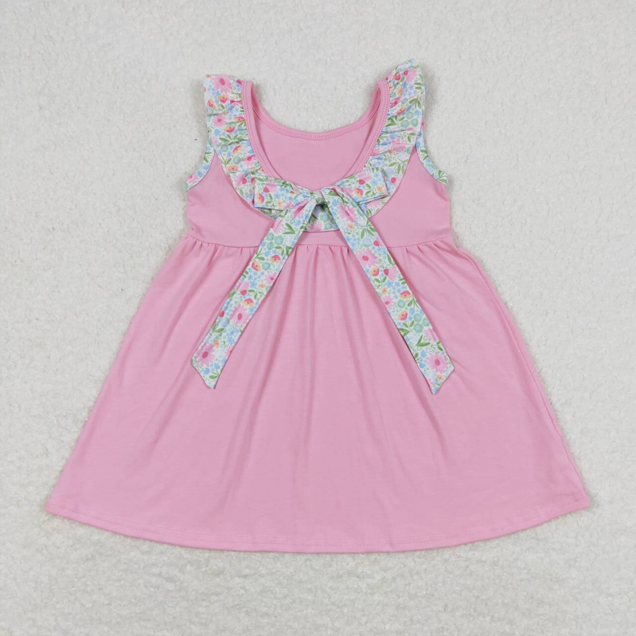 GSD0961 Flowers Print Pockets Pink Backless Girls Knee Length Summer Dress