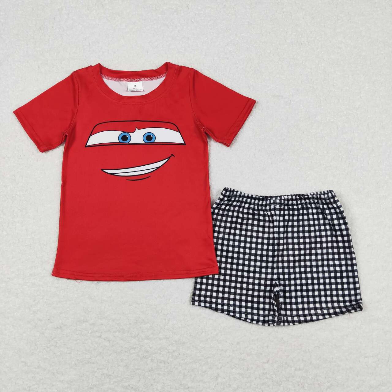 BSSO0654  Cartoon Car Red Top Black Plaid Pocket Shorts Boys Summer Clothes Set