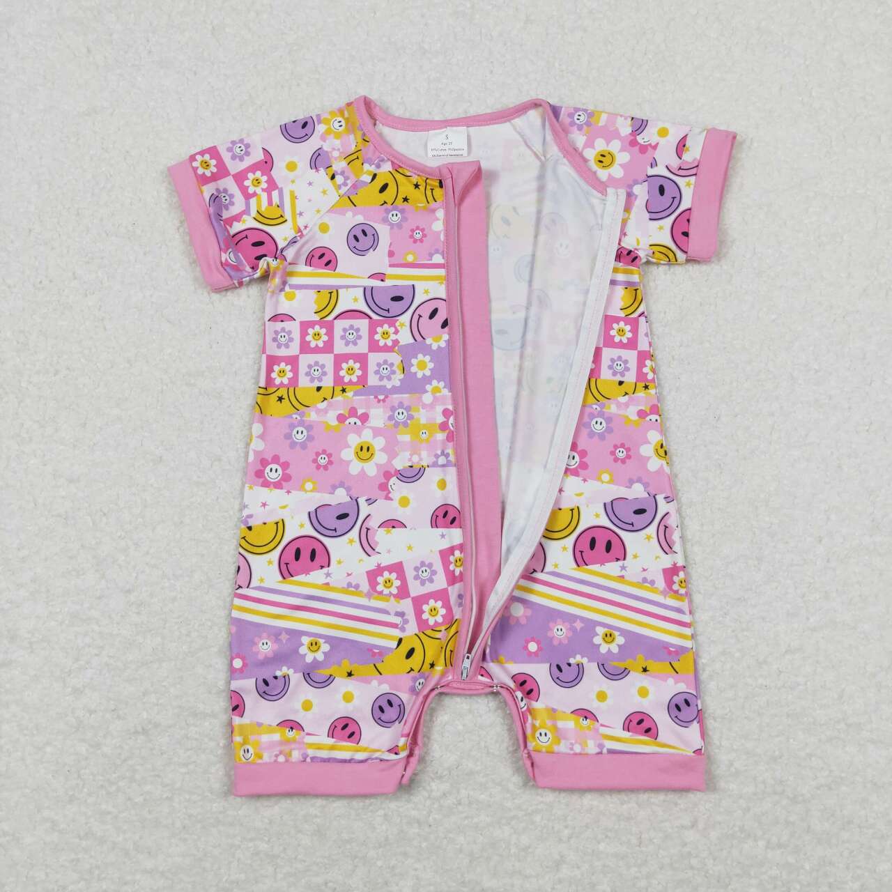 SR0968 Flowers Smiling Face Print Baby Girls Summer Zipper Romper