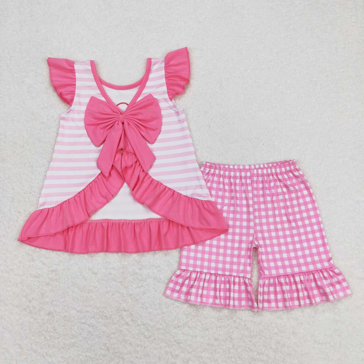 GSSO0563 I LOVE DAD Embroidery Top Pink Plaid Shorts Girls Summer Clothes Set